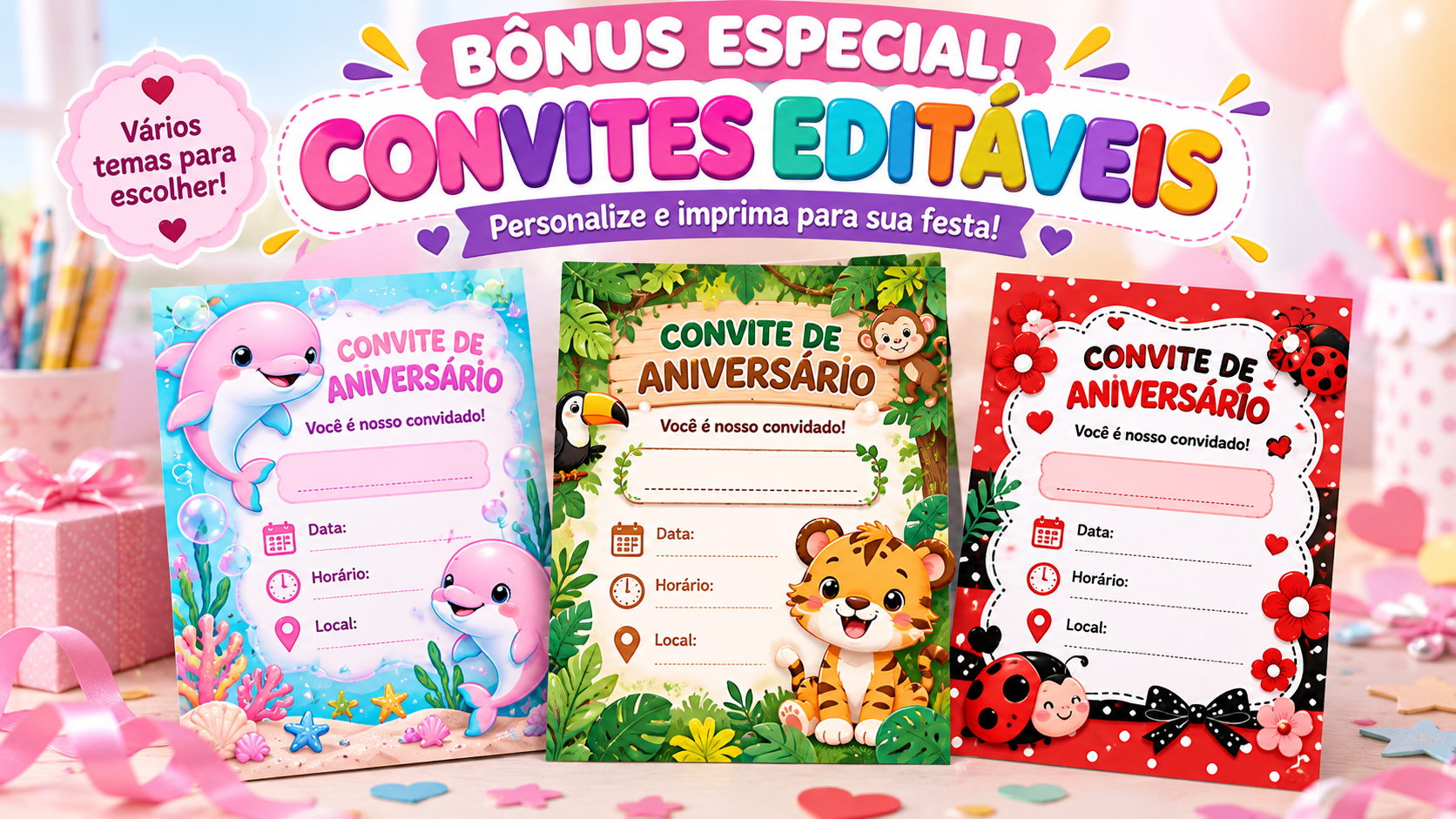 Convites editáveis de aniversário com temas infantis