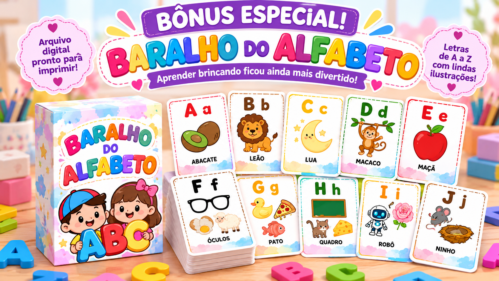 Baralho do Alfabeto com cartas ilustradas de letras