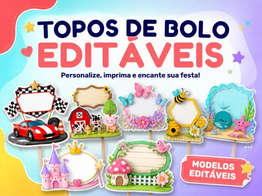 Modelos de topos de bolo editáveis com temas infantis